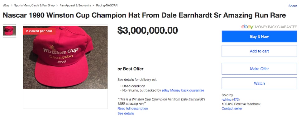Dale Earnhardt's 1990 Winston Cup champion hat can be yours for a